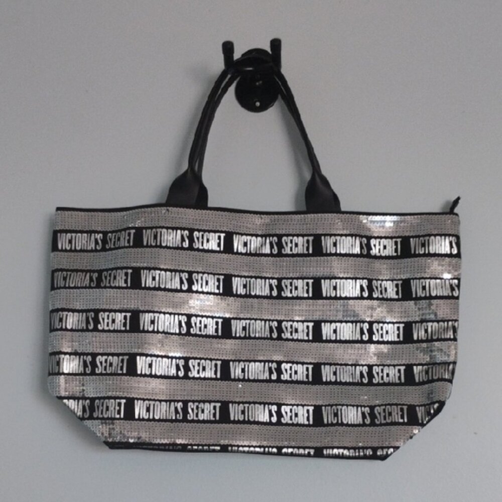 Victoria's Secret Black Silver Sequin Modern Oversize  Overnight Tote Bag Party